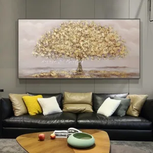 Arthyx Handmade Money Tree Oil Painting On Canvas,Modern Abstract Golden Landscape Wall Art,Picture For Living BeRoom,Home Decor