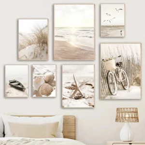 Beach Shell Starfish Poster Beige Sea Landscape Canvas Art Painting Bike Boat Print Pictures Nordic Wall Posters Home Decoration