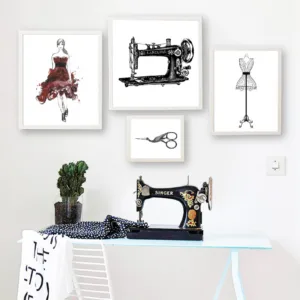 Sewing Print Fashion Wall Art Picture Room Wall Decor , Vintage Fashion Sewing Machine Poster Model Mannequin Canvas Painting