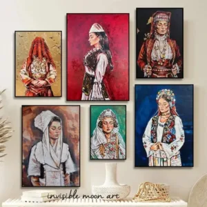 （2D Canvas painting）Graffiti Portraits of Traditional Albanian Women Girls Art Poster Canvas Painting Wall Print for Living Room