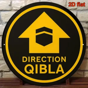2D Flat Aluminum Direction Qibla Sign 8x8 Inch Islamic Wall Art Black Yellow