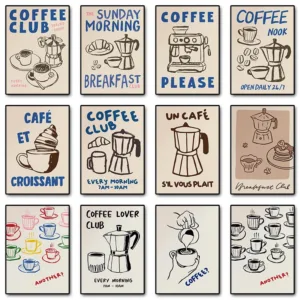 Cafe Morning Breakfast Coffee Club Kitchen Trendy Retro Poster Canvas Printing Wall Art Pictures Home Decor Coffee Lover Gift