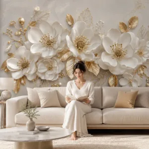 3D White Flower Gold Leaf Wallpaper Wall Mural, Luxury Cream Beige Floral Background Wallpaper for Living Room Bedroom Decor