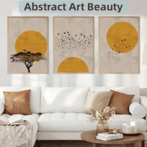 Thousands of Birds with Sun Poster Yellow Trees Canvas Painting Abstract Landscape Print Wall Art for Living Room Home Decor