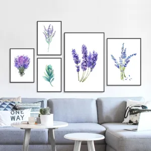 Spring Green Plant Purple Lavender Leaves Flower Canvas Painting Print Poster Picture Wall Modern Minimalistic Home Bedroom Deco