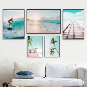 Surfing Girl Bridge Sea Beach Landscape Wall Art Canvas Painting Nordic Posters And Prints Wall Pictures For Living Room Decor