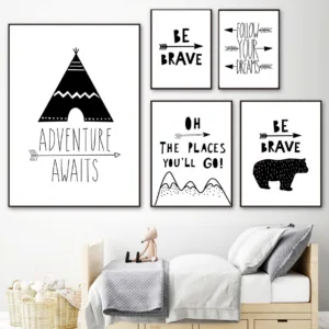 Tent Bear Arrow Brave Quotes Wall Art Canvas Painting Nordic Posters And Prints Black White Wall Picture Baby Kids Room Decor