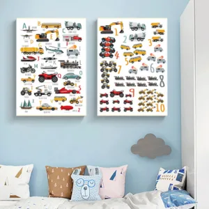 Toy Cars Alphabet Posters Number Letter Learning Wall Art Print Boy Car Poster Nursery Painting Picture Boy Kids Room Decoration