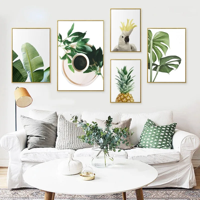 Tropical wall art canvas painting pineapple coffee newspaper sea and print palm green banana leaf picture living room kitchen de
