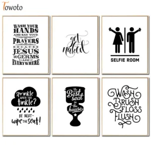 Washroom Restroom Bathroom Wall Decor Flush Toilet Note Print Funny Quote Black and White Poster Modern Canvas Painting Wall Art