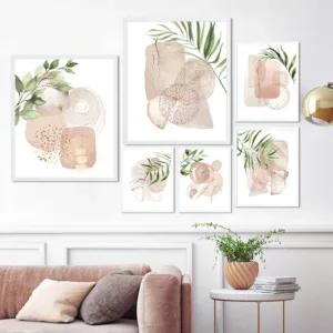 Blush Pink Beige Gold and Greenery Prints Modern Abstract Leaves Wall Art Canvas Painting Boho Neutral Posters Living Room Decor