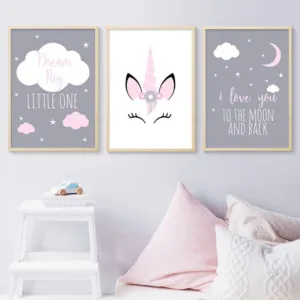 Unicorn Canvas Poster Baby Girl Nursery Quotes Wall Art Print Love You to the Moon Painting Nordic Kids Room Decoration Picture