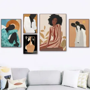 Vintage Abstract Girl Figure Plant Leaves Wall Art Canvas Painti