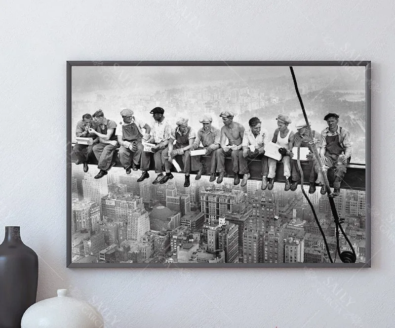 Vintage Canvas Painting Modern Home Decoration New York City View Lunch On a Skyscraper Wall Art Picture Black and White Poster