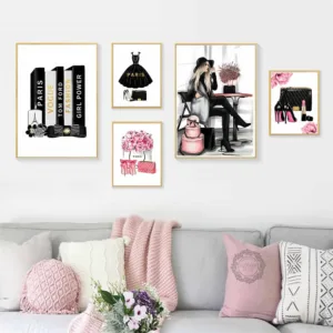 Vogue Girl Pink Lady Dress Surfing Wall Art Canvas Painting Nordic Posters And Prints Wall Pictures For Living Room Salon Decor