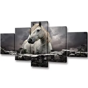 Vtuart Horse Beside Wall HD Picture Printed Canvas Framed Wallart 5pcs Modular Set Painting Ready to Hang for Home Decoration