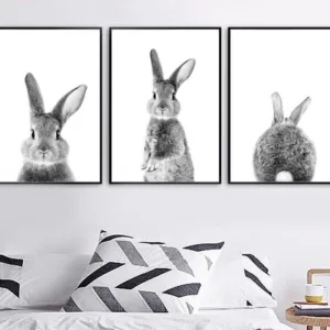 Wall Art Canvas Painting Cute Bunny Rabbit Black White Nordic Posters And Prints Wall Pictures For Living Room Kids Room Decor