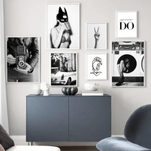 Wall Art Canvas Painting Kitty Girl Vintage Camera Black White Nordic Posters And Prints Wall Pictures For Living Room Decor