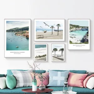 Wall Art Canvas Poster Print Coconut Palm Tree Blue Beach Sea Umbrella Nordic Ocean Landscape  Wall Art for Living Room 2-24