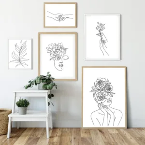 Wall Art Line Drawing Girl Print Minimalist Simple Fashion Poster Women Flower Leaf Body Sketch  Black White Canvas Painting