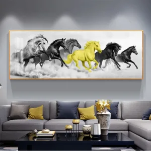 Wangart Larger Size Canvas Print Gold Black Run Horse  Animal Decoration Abstract Wall Picture For Living Room Canvas no frame