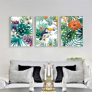 Watercolor Canvas Wall Art Rainforest Plants Bird Painting Tropical Leaves Wall Pictures Home Decoration No Frame