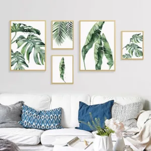 Watercolor Green Leaves Wall Art Canvas Painting Abstract Minimalist Poster and Prints Decorative Picture for Living Room Art