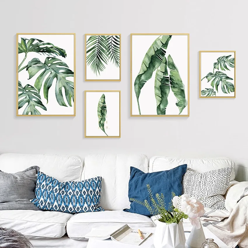 Watercolor Green Leaves Wall Art Canvas Painting Abstract Minima