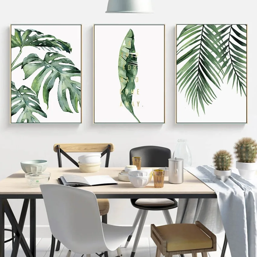 Watercolor Green Leaves Wall Art Canvas Painting Abstract Minima - Image 2