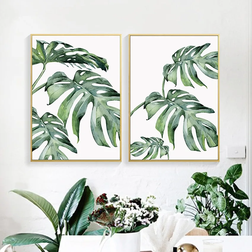 Watercolor Green Leaves Wall Art Canvas Painting Abstract Minima - Image 3