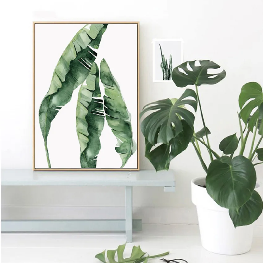 Watercolor Green Leaves Wall Art Canvas Painting Abstract Minima - Image 4