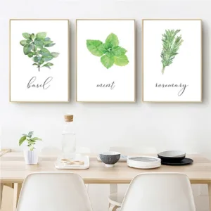 Watercolor Herbs Basil Mint Posters and Prints Kitchen Decor , Green Plant Rosemary Pictures Botanical Wall Art Canvas Painting