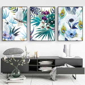 Watercolor Parrot Llant Leaves and Flowers Canvas Painting Nordic Wall Art Picture Poster Print  Landscape Picture Home Decor