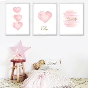 Watercolor Pink Heart Wall Art Canvas Print Personalized Name Custom Poster Nursery Painting Picture Kids Bedroom Decoration