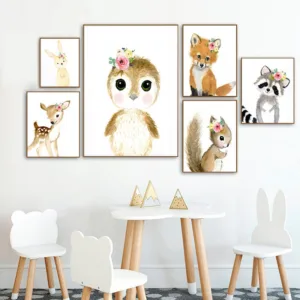 Watercolor Woodland Animal Canvas Poster Baby Flower Crown Deer Squirrel Print Painting Nursery Room Picture Kid Bedroom Decor