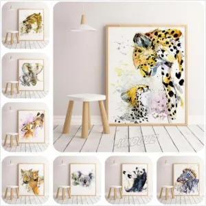 Watercolor panda rabbit giraffe fox leopard nordic poster animal wall art painting picture decoration quality canvas painting