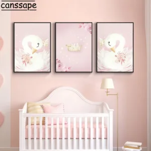 Baby Girl Nursery Wall Art Canvas Painting Pink Swan Cartoon Posters Nordic Kids Decoration Pictures Children Bedroom Decor