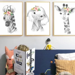Woodland Animal Nursery Decor Zebra Giraffe Lion Monkey Elephant Animals Painting Pictures Childrens Bedroom Wall Art Posters