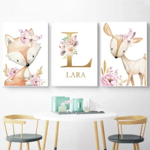 Woodland Animal Print Nursery Canvas Painting Custom Name Wall Art Pink Flowers Poster Nordic Wall Pictures Girl Baby Room Decor