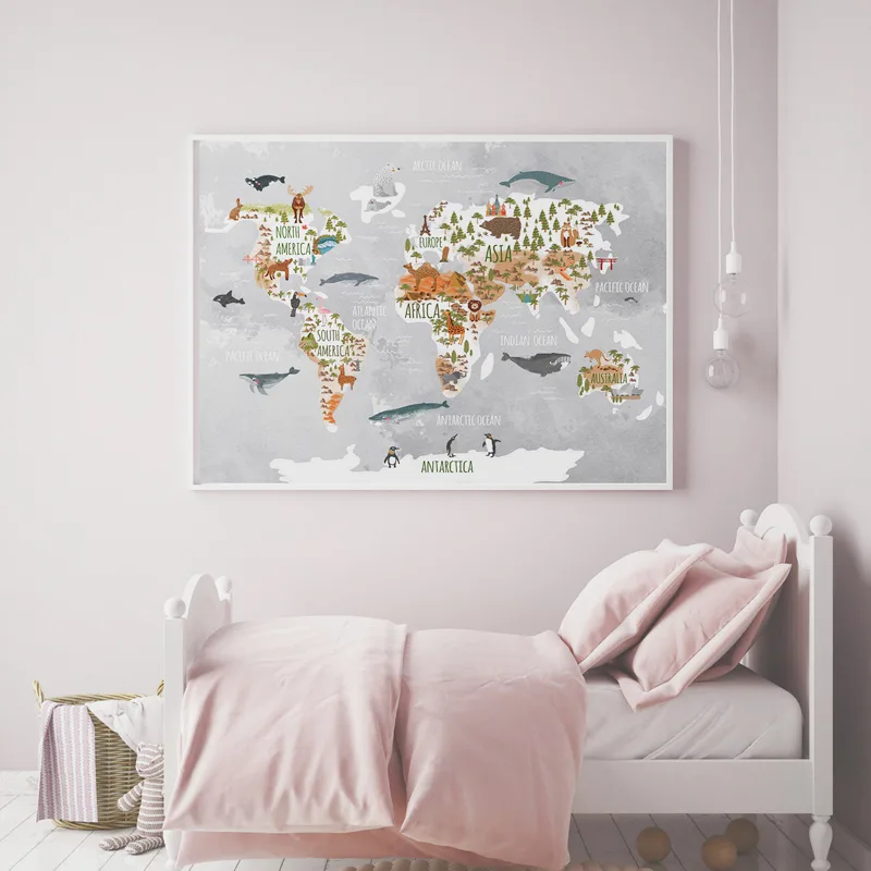 Woodland Animal World Map Poster Art Prints Nursery Decor , Watercolor Map With Animals Canvas Painting For Kids Room Wall Art - Image 3
