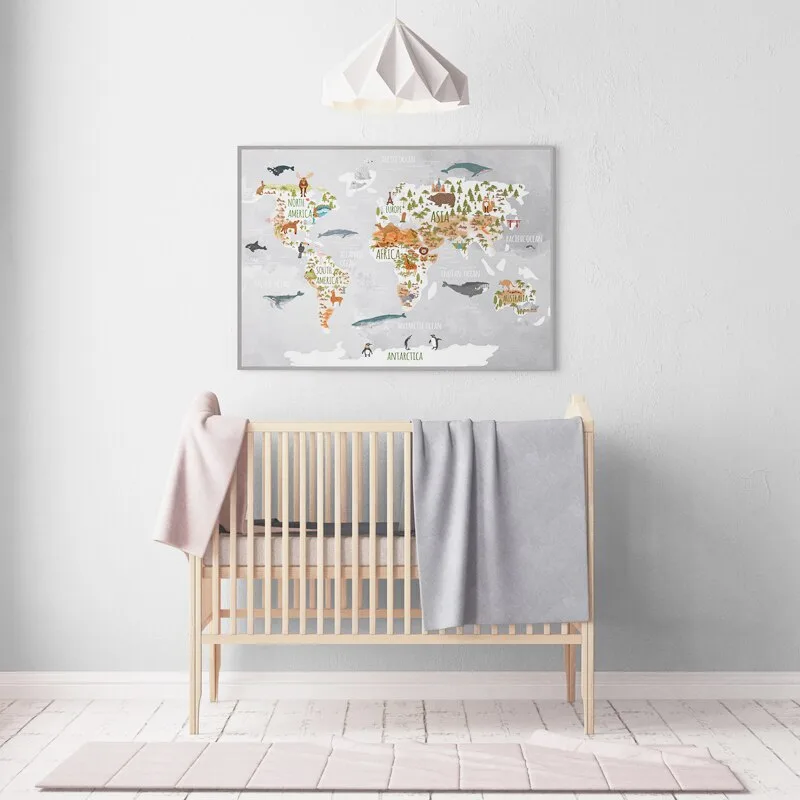 Woodland Animal World Map Poster Art Prints Nursery Decor , Watercolor Map With Animals Canvas Painting For Kids Room Wall Art - Image 4