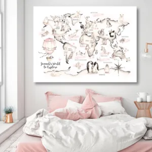 Woodland Animal World Map Poster Art Prints Nursery Decor , Watercolour Map Custom name Canvas Painting For Kids Room Wall Art