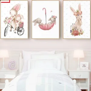 Woodland Bunny Print Floral Boho Nursery Wall Art Rabbit Canvas Painting Posters Cute Cartoon Animal Kids Girls Bedroom Decor
