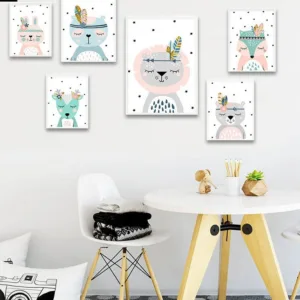 Woodland Tribal Animal Picture Bunny Fox Lion Nursery Poster Canvas Wall Art Print Painting Nordic Kids Baby Bedroom Decoration