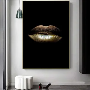 Sexy Woman Black Gold Lips Fashion Poster and Prints Light Luxur