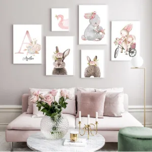 Baby Canvas Poster Nursery Art Painting Girl's Custom Name Posters Pink Flower Print Paintings Wall Pictures For Baby Room Decor