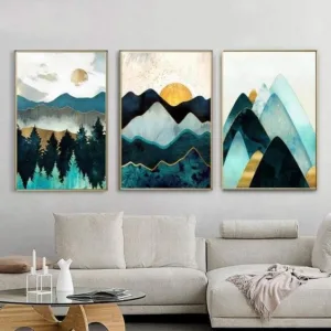 Nordic Abstract Geometric Mountain Landscape Wall Art Canvas Painting Golden Sun Art Poster Print Wall Picture for Living Room