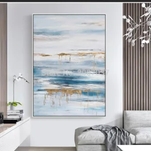 hand painted gold and blue and white oil painting on canvas abstract pop art modern paintings wall art for home decor
