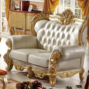 modern antique design European style solid wood golden color carving living room furniture leather sofa set