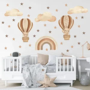 Boho Bear Hot Air Balloon Rainbow Stars Cloud Wall Sticker Nursery Child Room Wall Art Decal Kids Room Vinyl Bedroom Home Decor